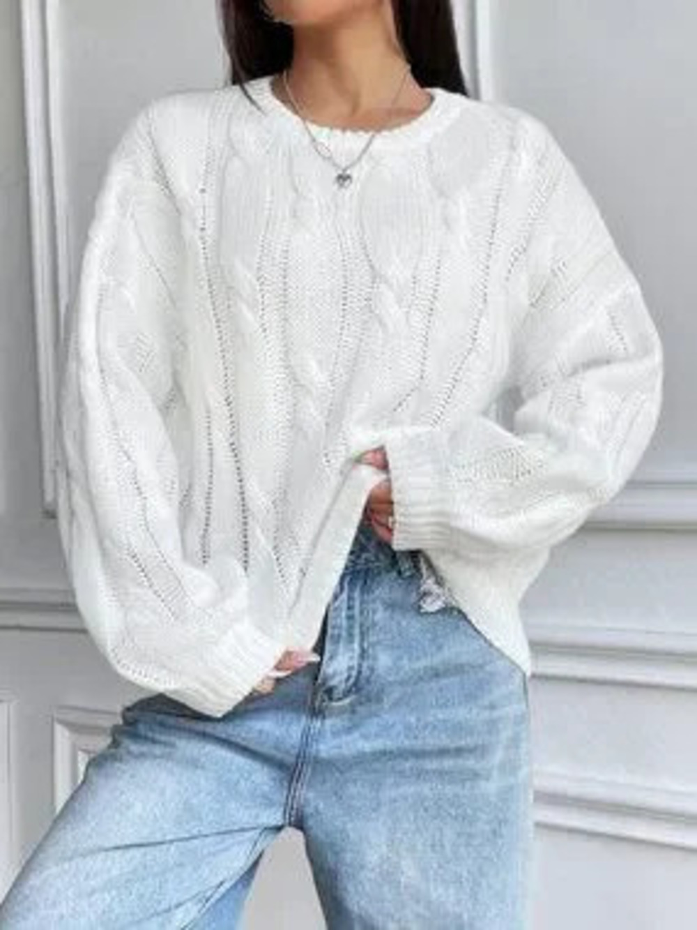 ZARA White Casual Women's Cable Knit Drop Shoulder Long Sleeve Pullover Sweater